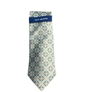 John Ashford Tan Cream‎ & Blue Geometric Circle Pattern 100% Silk Tie NWT